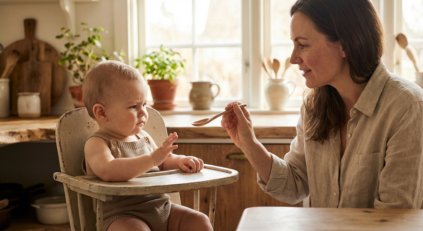 Mère et bébé de 9 mois interagissant pendant le repas avec un geste de refus
