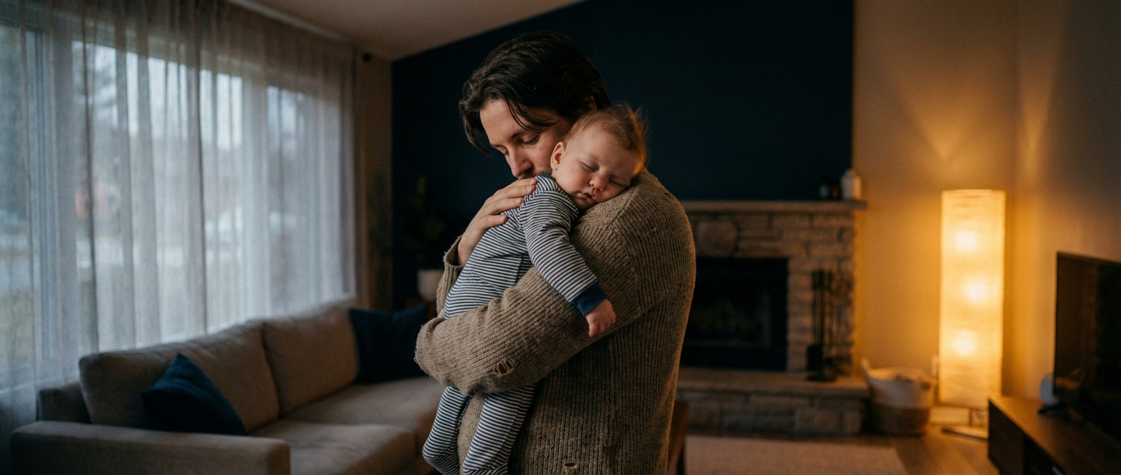 Un parent réconfortant son bébé fatigué dans un salon chaleureux au retour du travail.