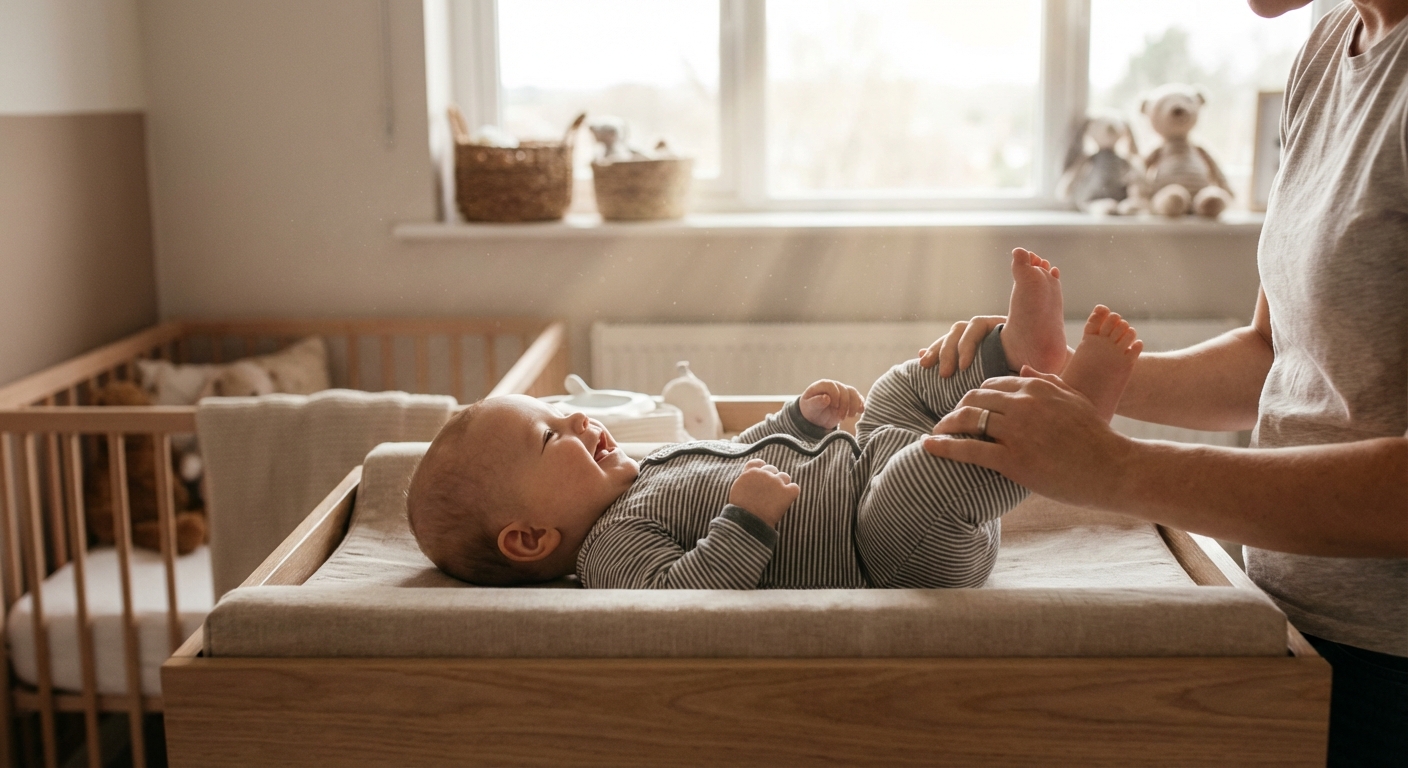 Interaction tendre entre un parent et son bébé qui tape des pieds pendant le change.
