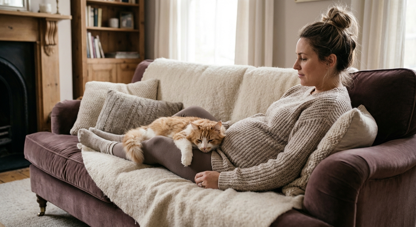 Chat protecteur dormant aux côtés d'une femme enceinte sur un canapé confortable