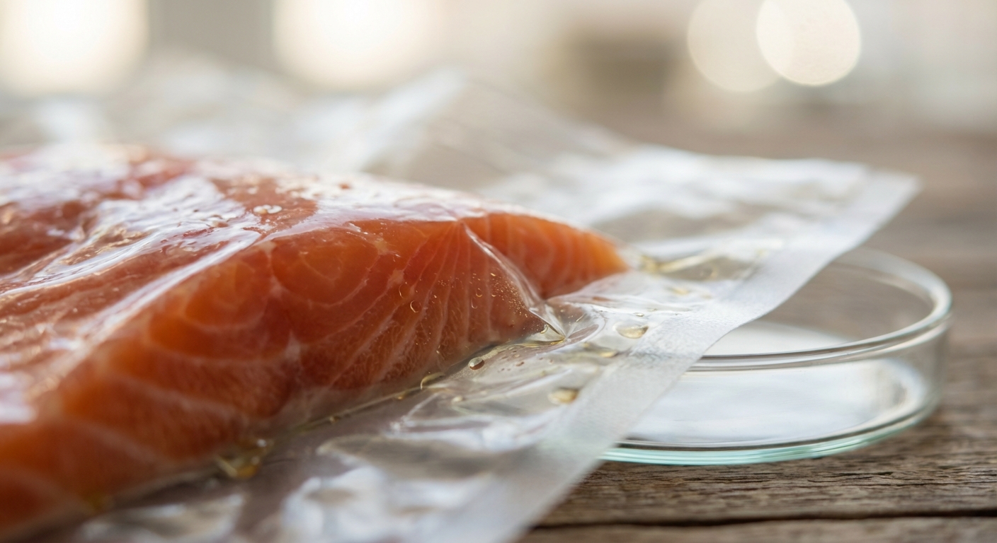 Vue macro des fibres et de la texture d'un saumon sous vide montrant les détails de conservation.