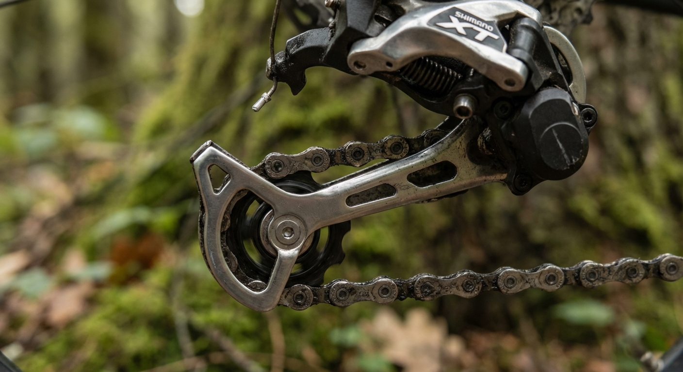 Détail technique de la chaîne et du dérailleur XT en gros plan