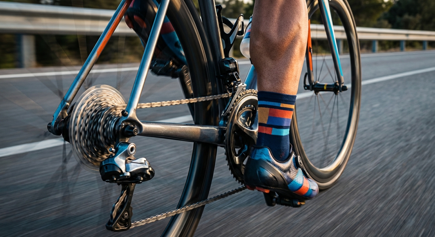 Vue d'action montrant l'interaction entre la force du cycliste et la tension de la chaîne sur les pignons.