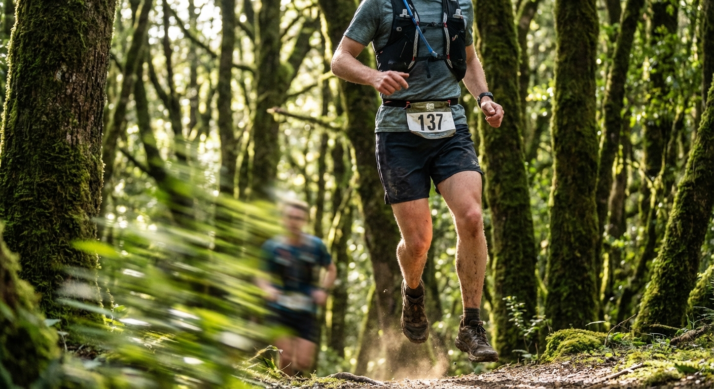 Coureur de trail en mouvement utilisant une ceinture porte-dossard sans épingles.