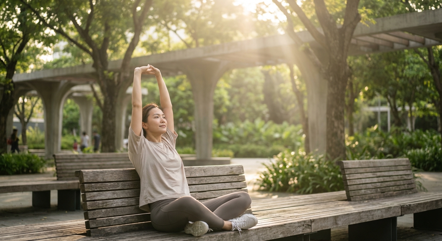 Personne en pleine forme s'étirant dans un parc ensoleillé après sa séance