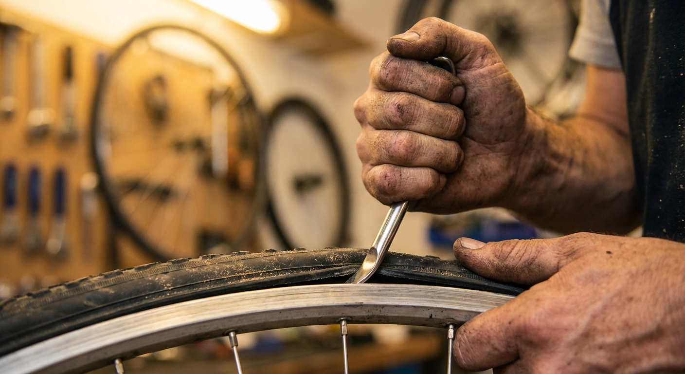 Mains d'un mécanicien démontant avec précision un pneu VTT collé à la jante.