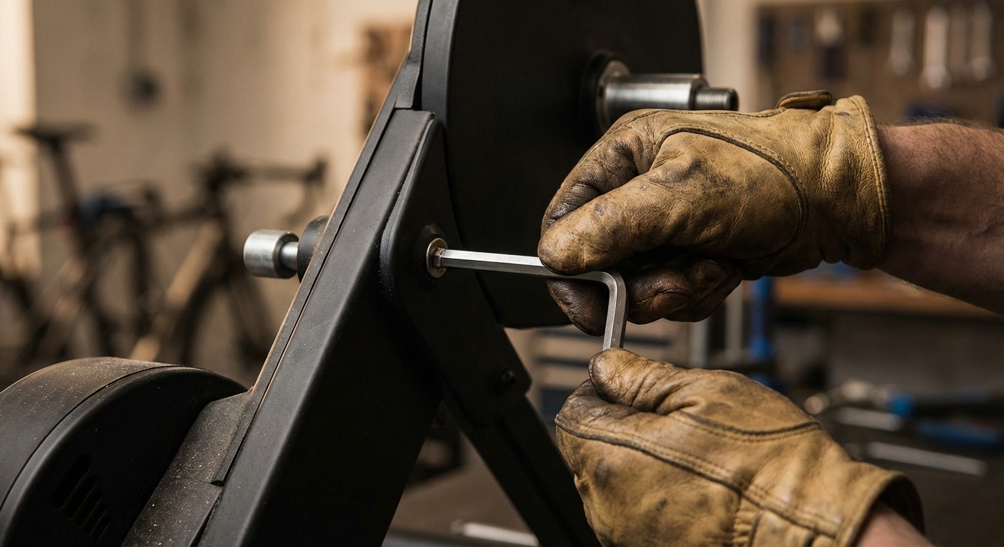 Mains d'un mécanicien effectuant un réglage de précision sur un home trainer.