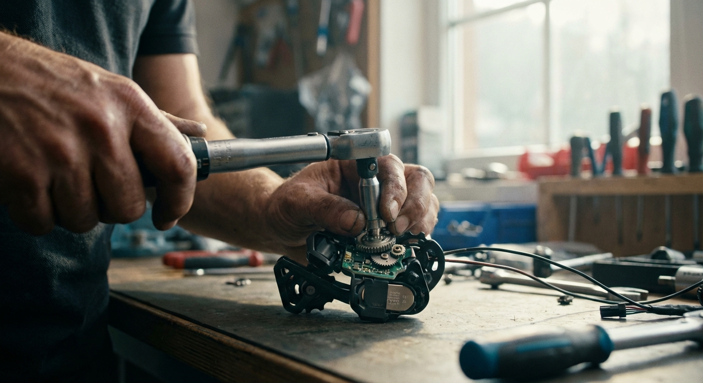 Mains d'un expert ajustant la mécanique de précision d'un dérailleur sans fil