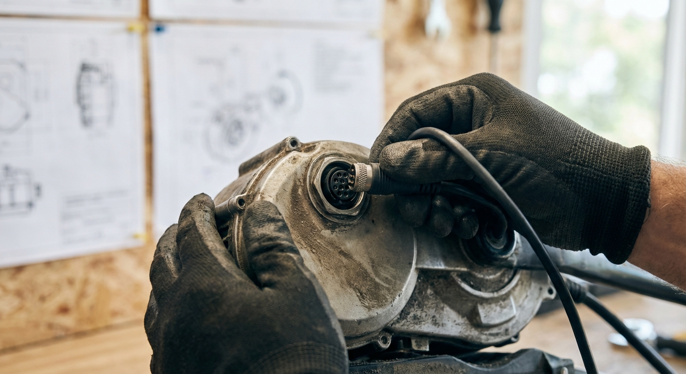 Détail macro du branchement d'un outil de diagnostic sur un moteur Bosch.