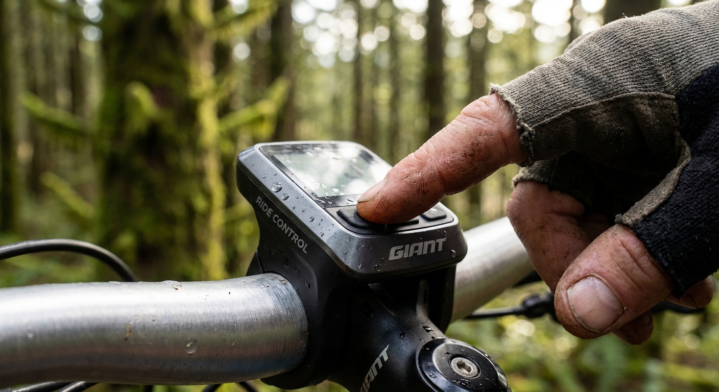 Détail d'une main manipulant les réglages du boîtier Ride Control sur un sentier forestier.