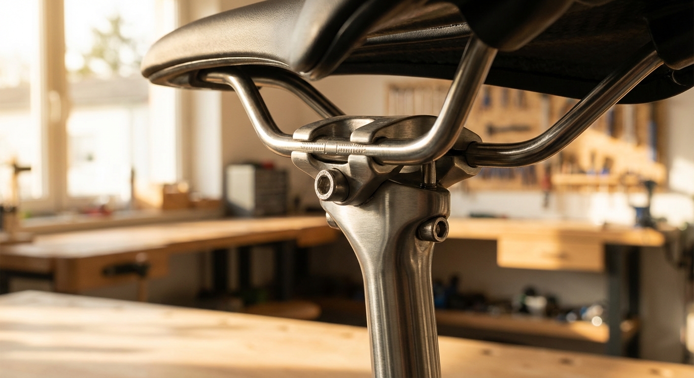 Détails techniques des rails et du mécanisme de fixation sous une selle de vélo.