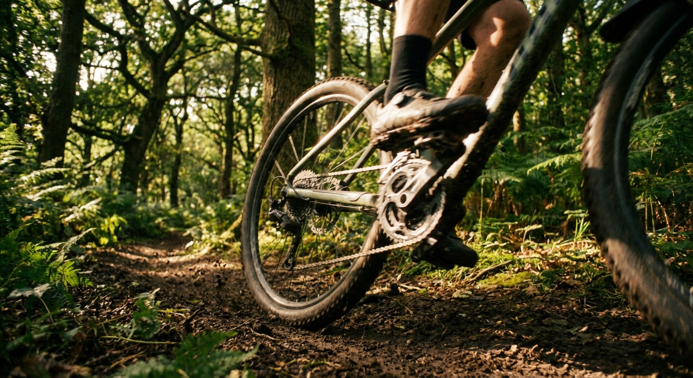 Cycliste pratiquant le vélo en forêt pour illustrer l'aspect santé et performance des groupes Shimano.