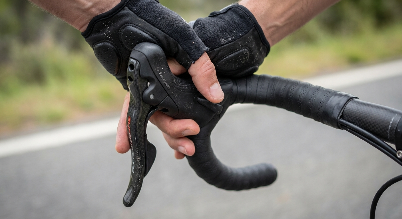 Gros plan sur l'ergonomie des leviers de vitesse lors d'une sortie cycliste intense