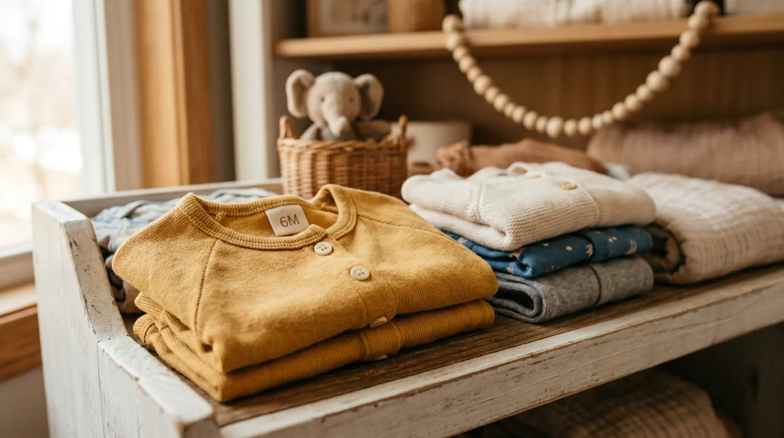Vêtements de bébé triés par taille dans une chambre d'enfant