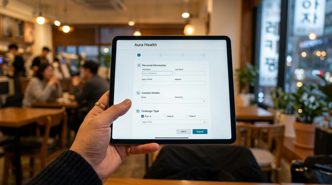 Tablette affichant un formulaire d'assurance santé, interface moderne