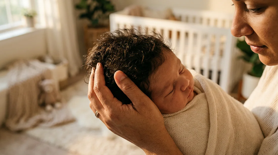 Vue contextuelle montrant la densité des cheveux d'un bébé lors d'un moment de tendresse