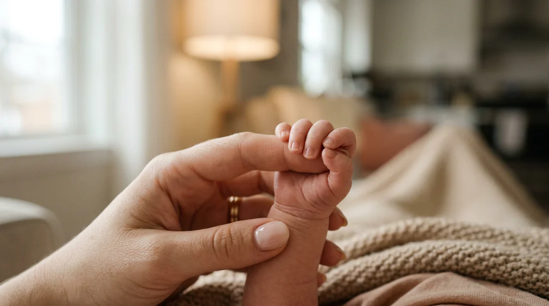 Main d'une maman tenant la main de son bébé pour illustrer le lien affectif.