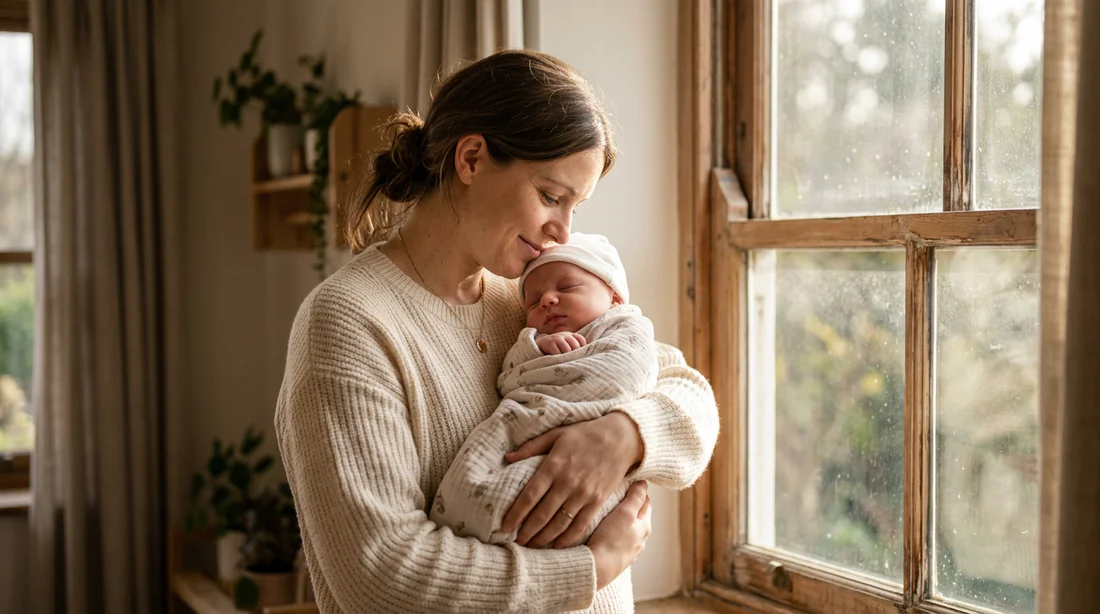 Une mère tenant son bébé dans ses bras sous une douce lumière naturelle