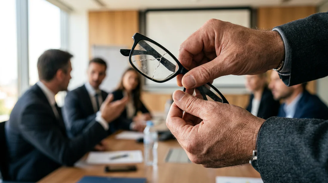Vue rapprochée d'une personne tenant des lunettes brisées dans un environnement professionnel