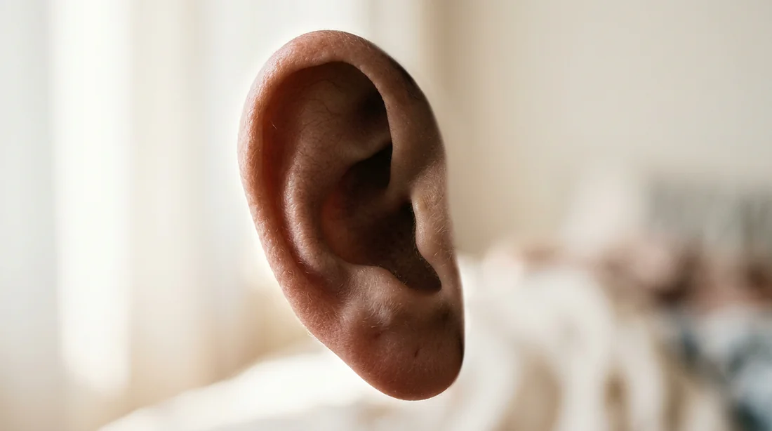Détail macro du contour d'une oreille humaine dans une lumière naturelle.