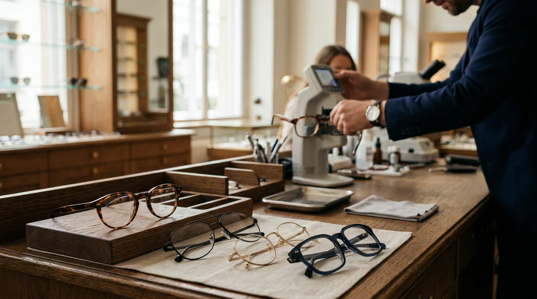 Opticien préparant une monture de lunettes sans verres