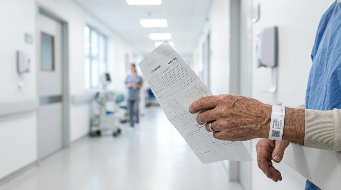 Gros plan sur une main tenant un dossier médical dans un couloir d'hôpital.