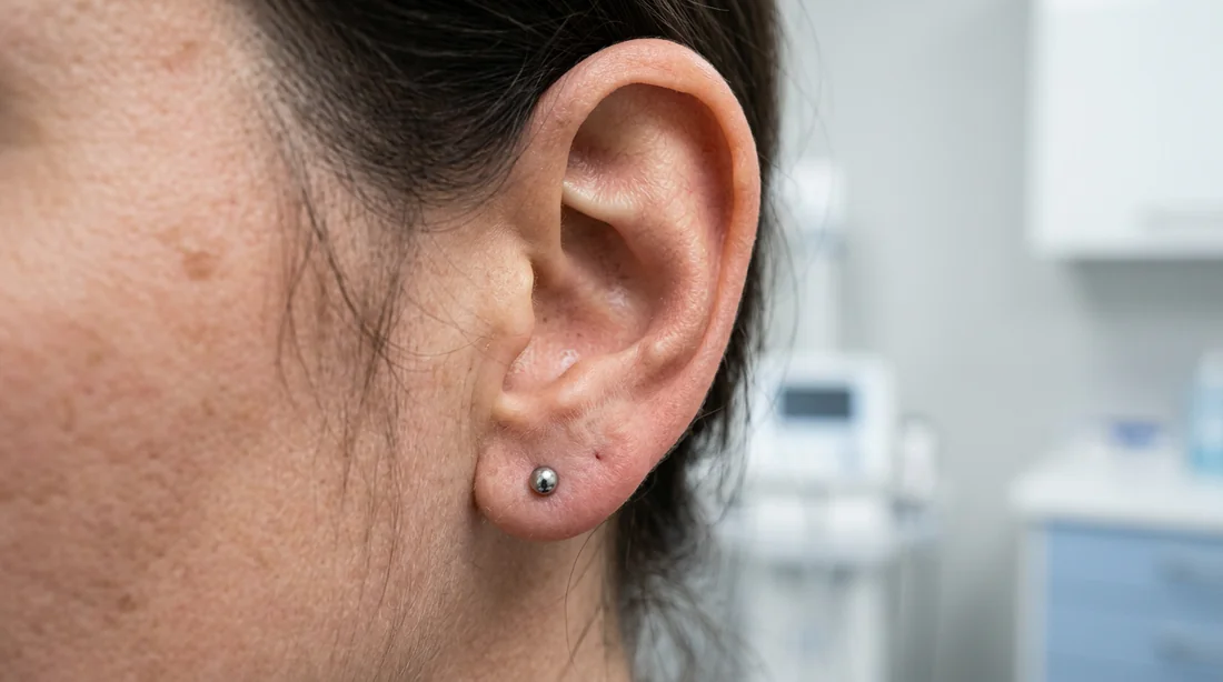 Piercing à l'oreille d'un patient avant un examen médical