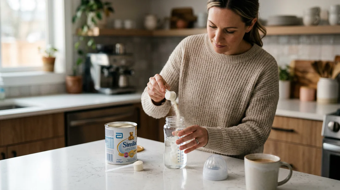 Préparation soigneuse d'un biberon dans une cuisine moderne