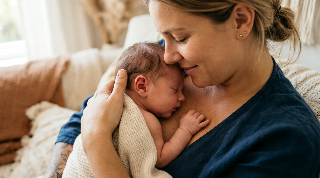 Détail tendre d'une mère pratiquant le peau à peau avec son nouveau-né.