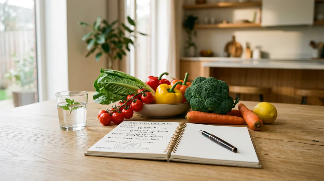 Table avec un carnet de suivi nutritionnel et des aliments sains