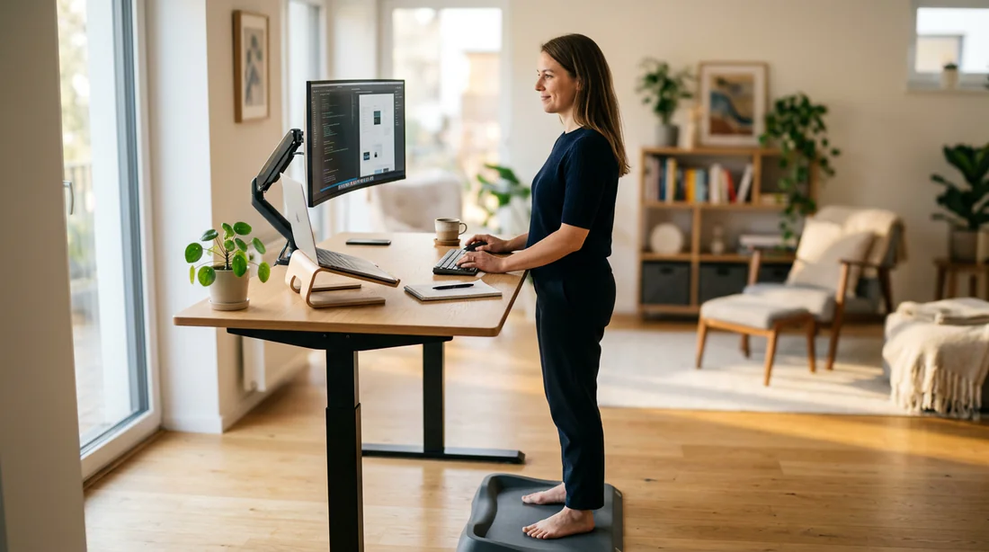 Personne travaillant debout dans une posture ergonomique et détendue au bureau