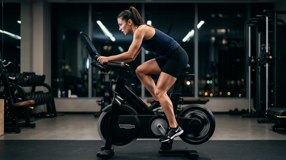 Vue latérale d'un sportif pédalant intensément sur un vélo d'intérieur.