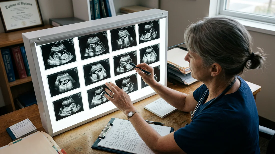 Medecin analysant les cliches d'une echographie obstetricale