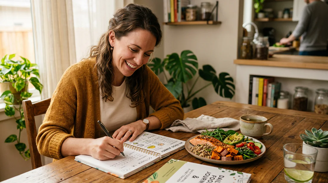 Personne tenant un journal alimentaire a cote d un repas equilibre