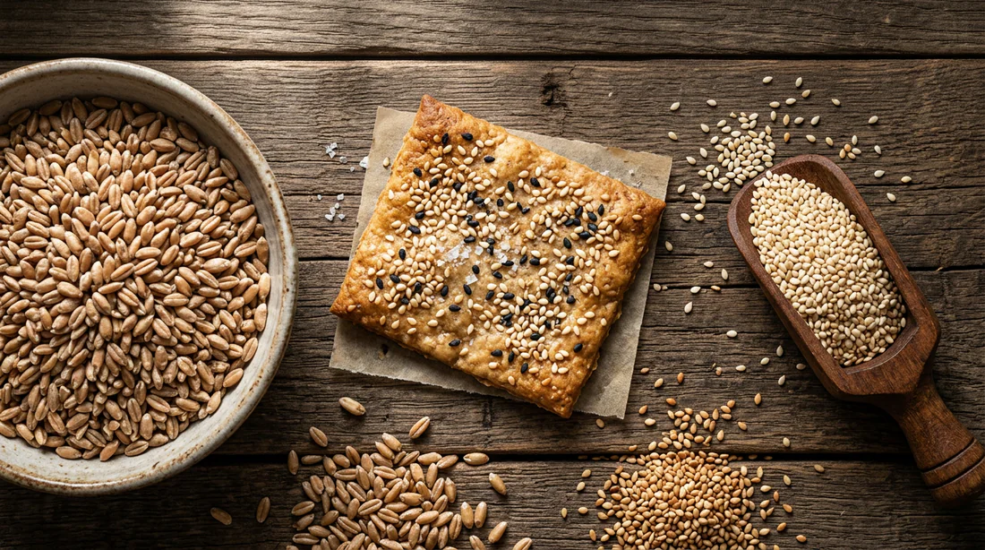 Vue d'ensemble des ingrédients sains et biscuits au sésame
