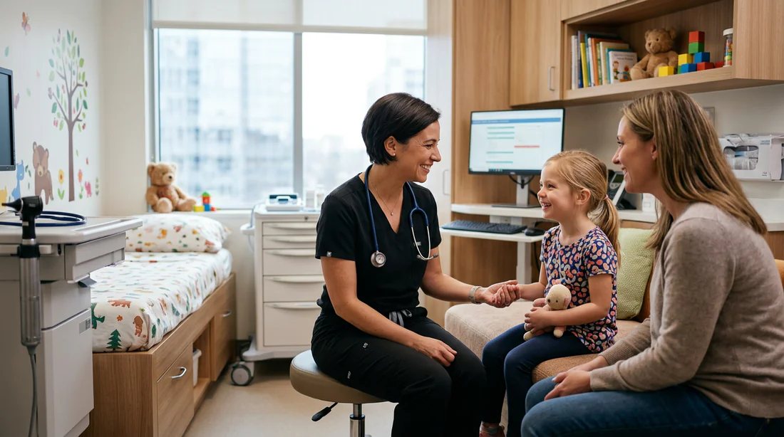 Illustration d'un environnement hospitalier moderne et bienveillant pour les soins pédiatriques