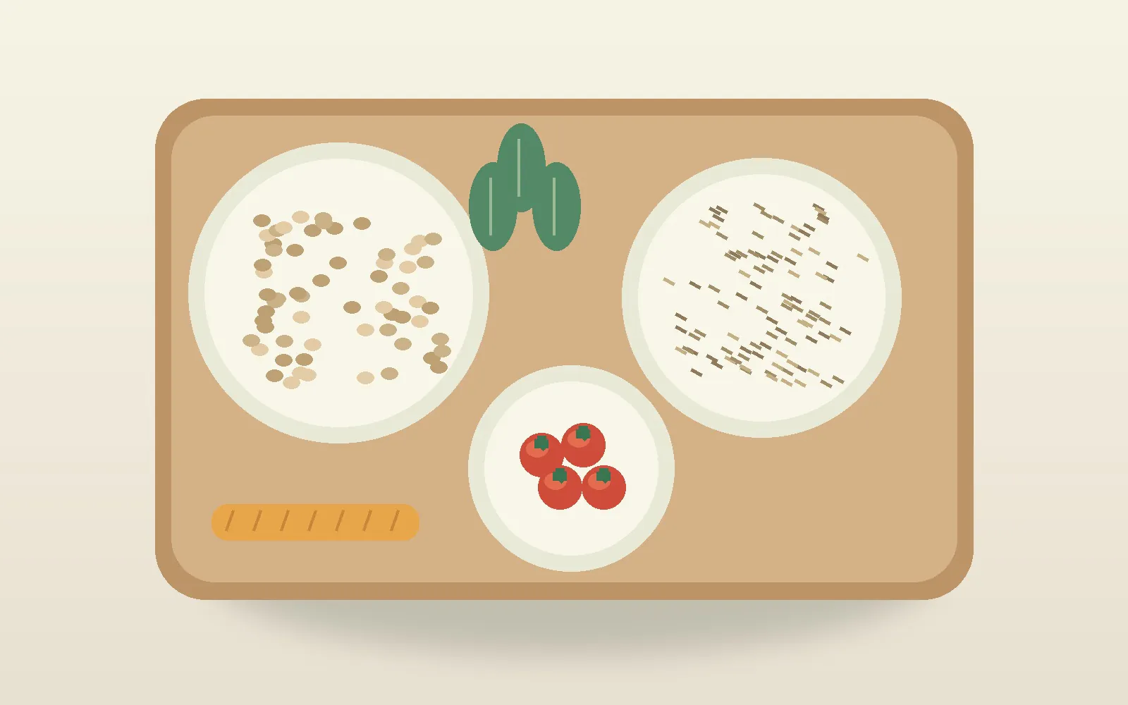 Illustration originale d’une préparation de repas avec légumes, céréales et pois chiches sur un plan de travail